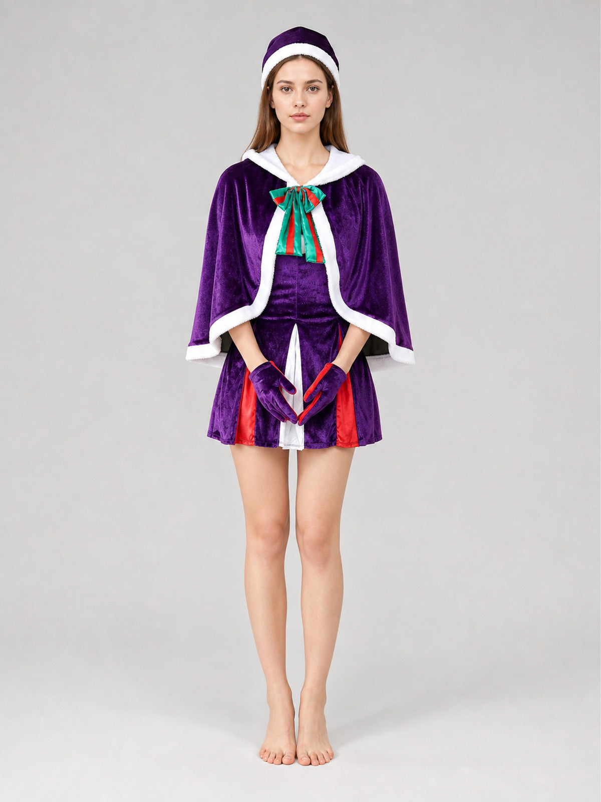 Purple Christmas costume with dress and cape on-model view