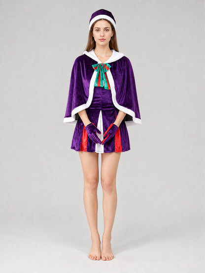 Purple Christmas costume with dress and cape on-model view