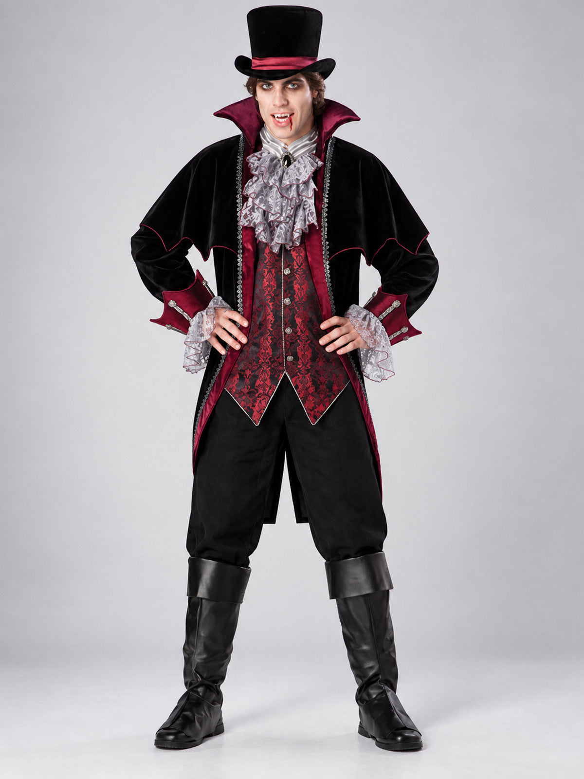 Vampire Costume with Vest and Hat on-model view
