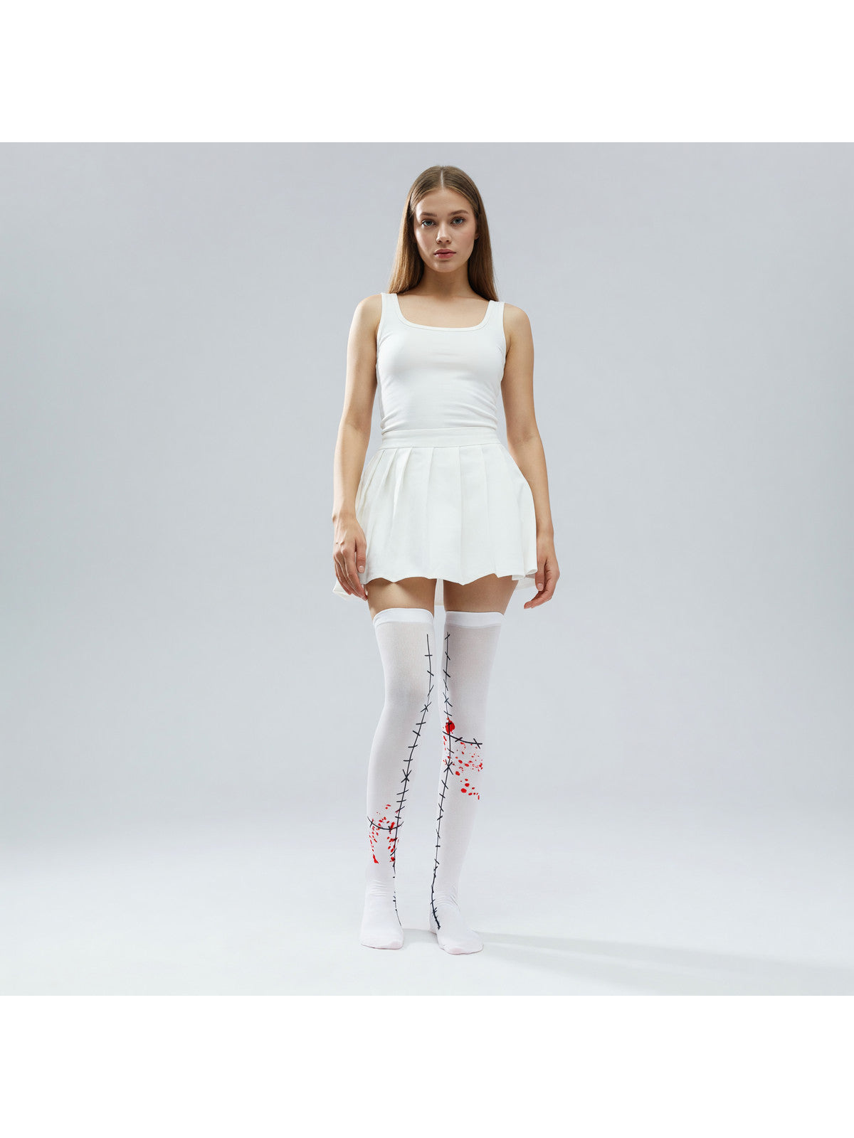 White mid-thigh stockings with bloodstain details on-model view
