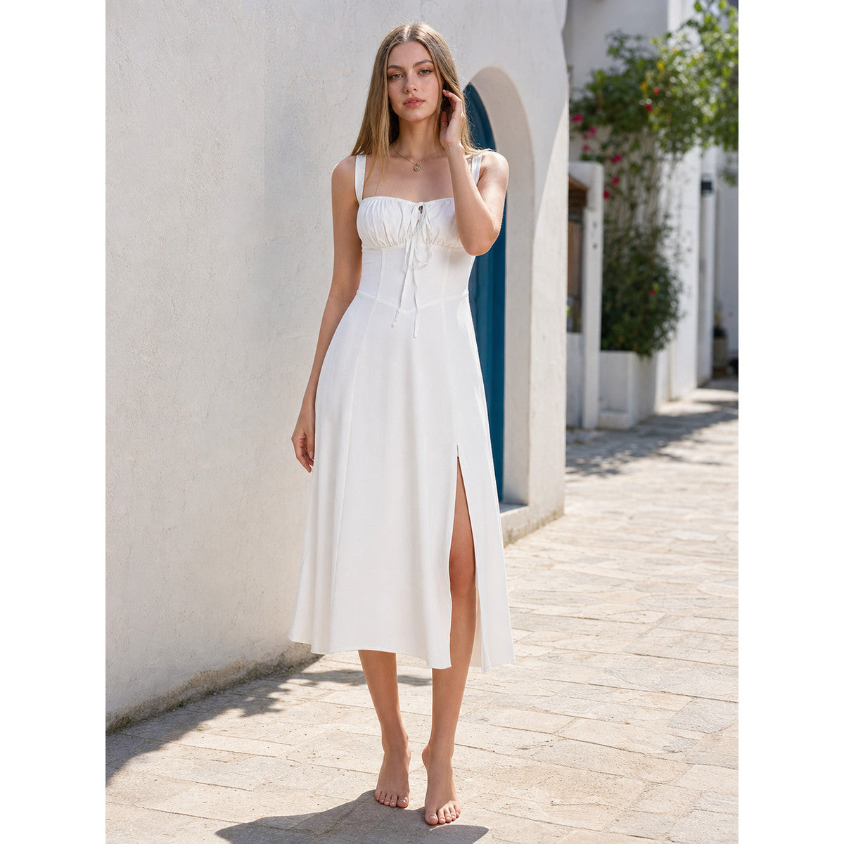Women's White Midi Dress with Thin Straps and a Side Slit