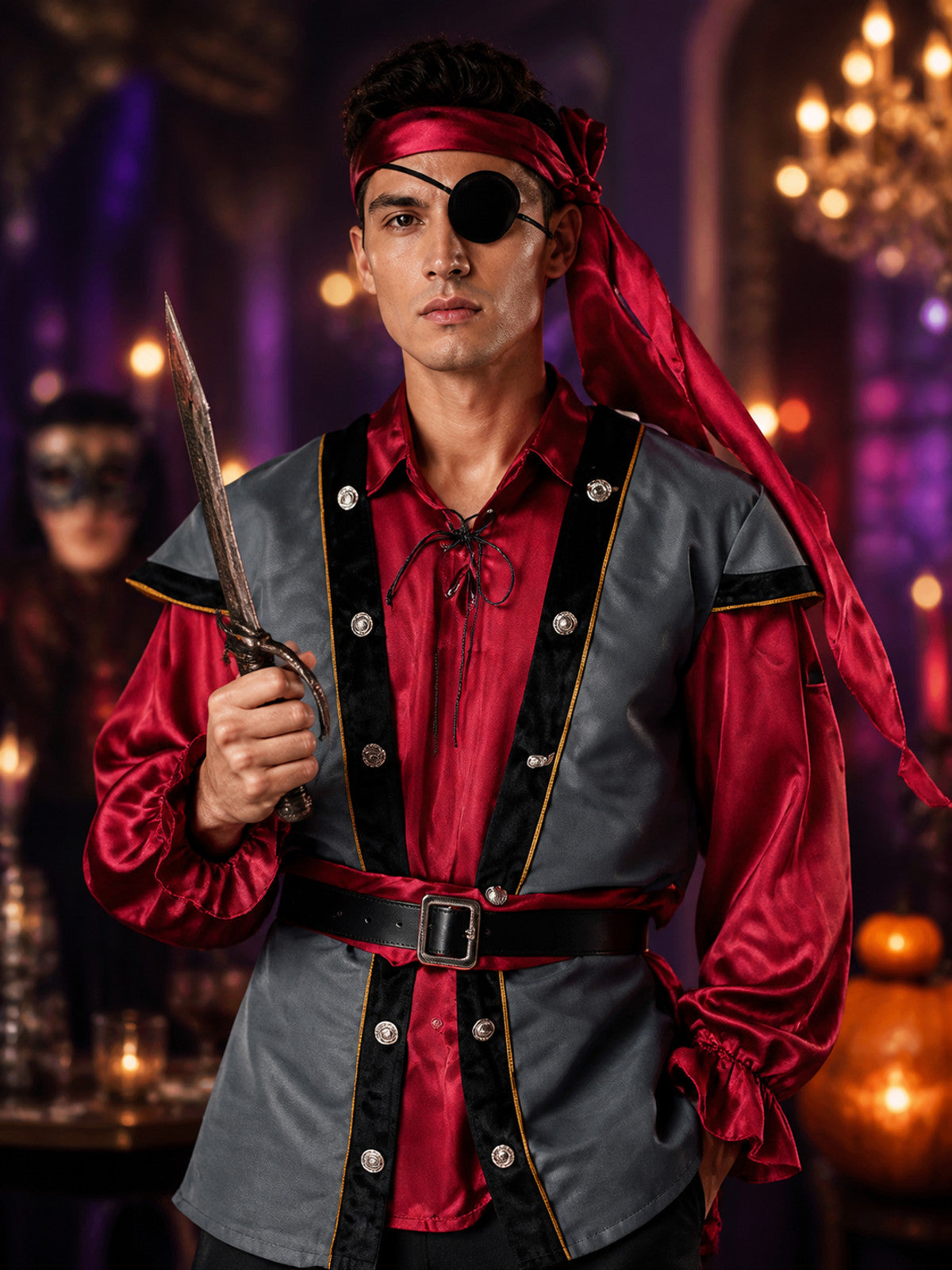 Pirate Cosplay Costume with Eye Patch, Halloween on-model view