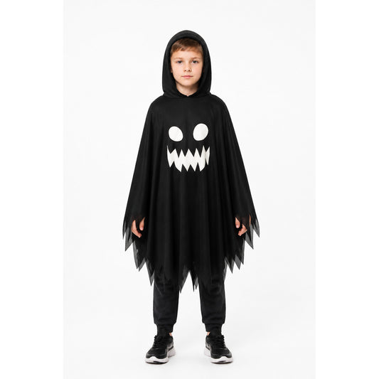 Kids' Ghost Cloak with Hood and White Face, Black main product view