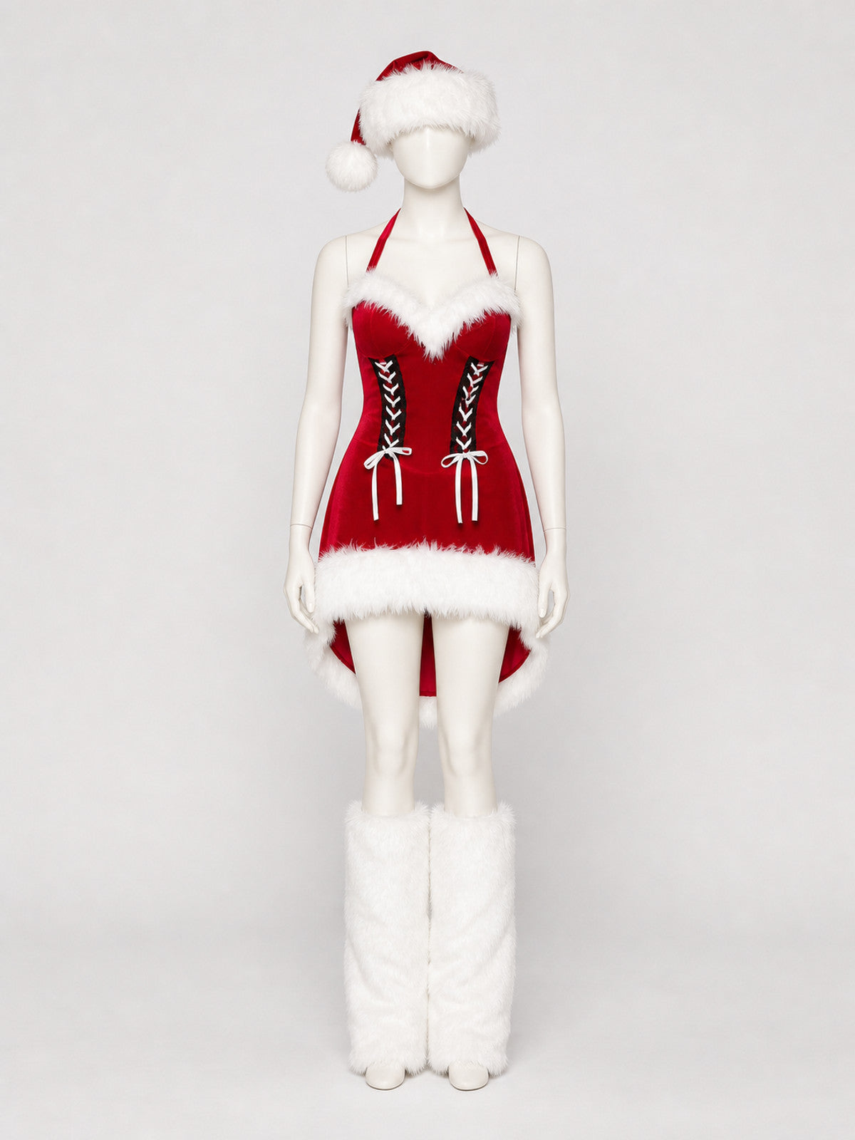 New Year's Costume, Red Dress with White Fuzzy Trim on-model view