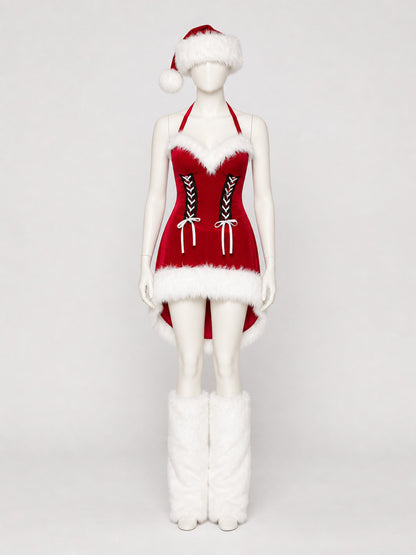 New Year's Costume, Red Dress with White Fuzzy Trim on-model view