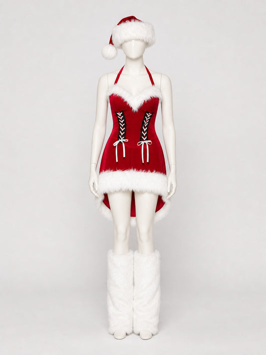 New Year's Costume, Red Dress with White Fuzzy Trim on-model view