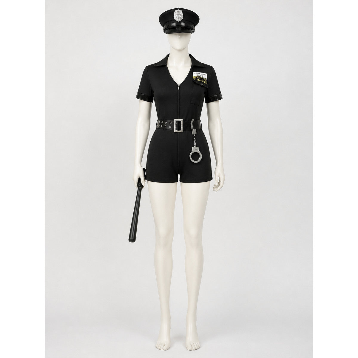 Women's Police Halloween Costume Set, Short Sleeve Zipper Jumpsuit with Hat on-model view