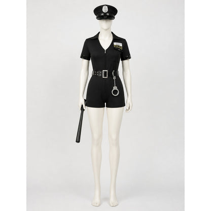 Women's Police Halloween Costume Set, Short Sleeve Zipper Jumpsuit with Hat on-model view