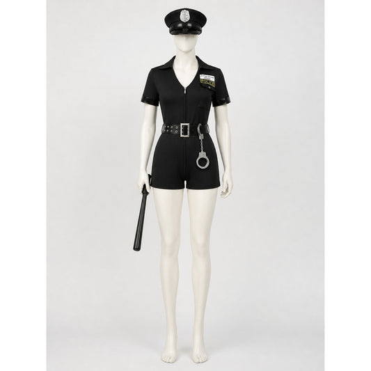 Women's Police Halloween Costume Set, Short Sleeve Zipper Jumpsuit with Hat on-model view