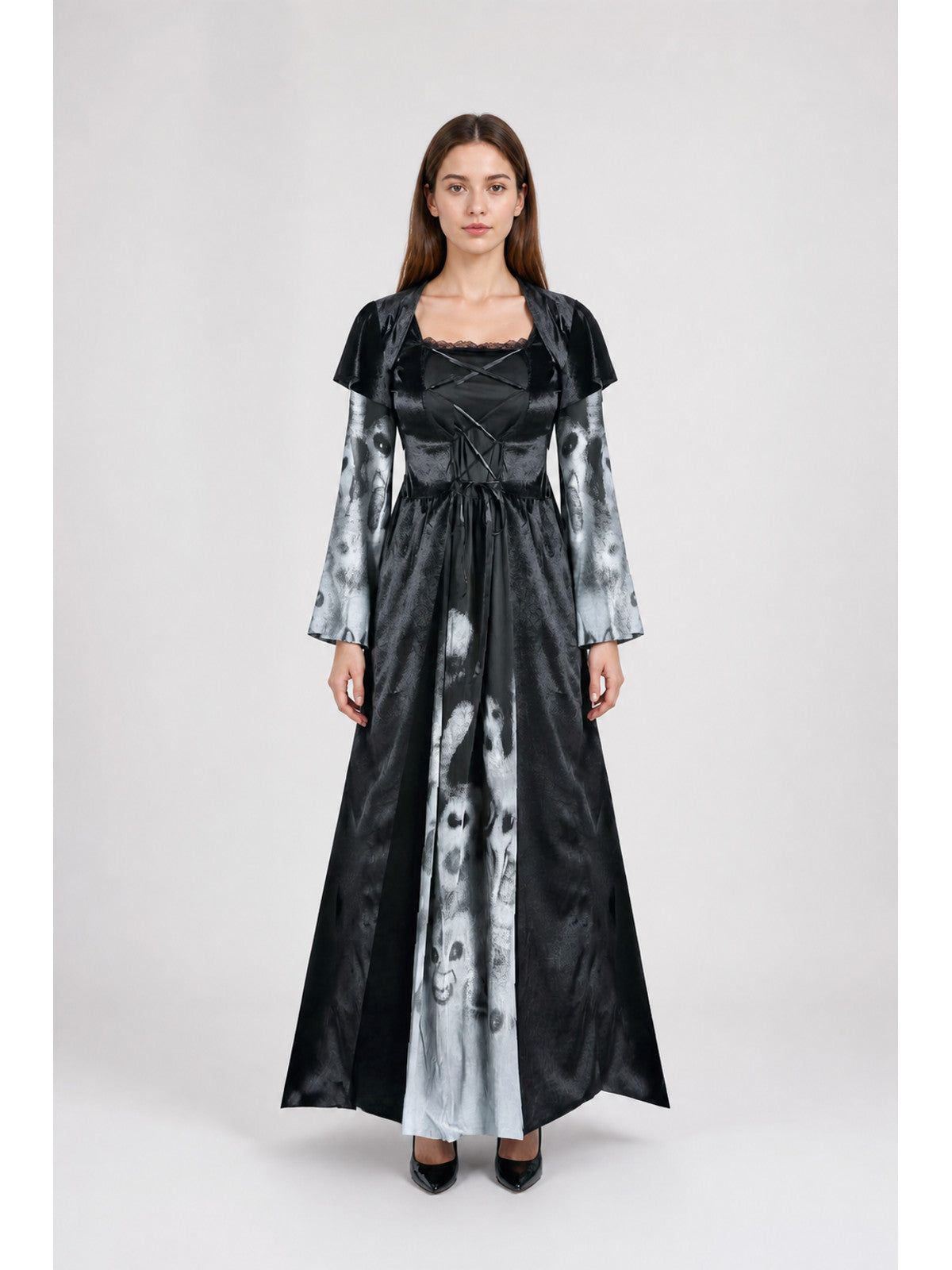 Long Dress with Flared Sleeves and Ghost Print