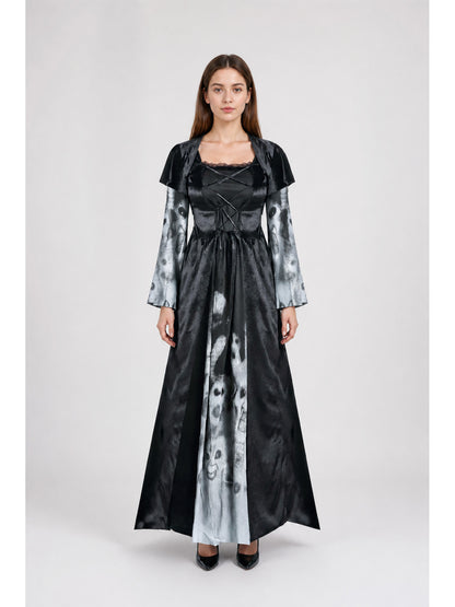 Long Dress with Flared Sleeves and Ghost Print