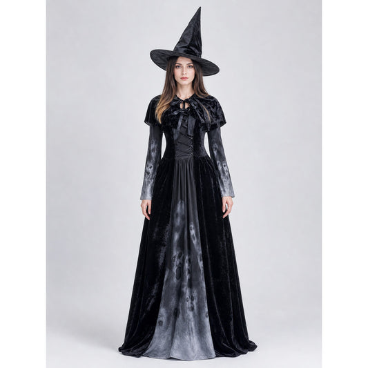Halloween hooded skull print dress costume on-model view