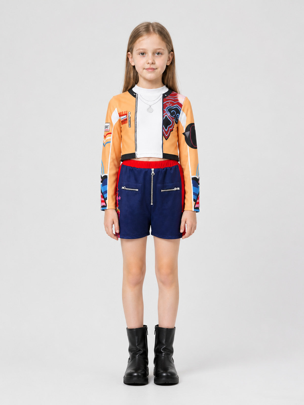 Children's Demon Hunters Cosplay Costume: Long-Sleeve Top and Shorts on-model view