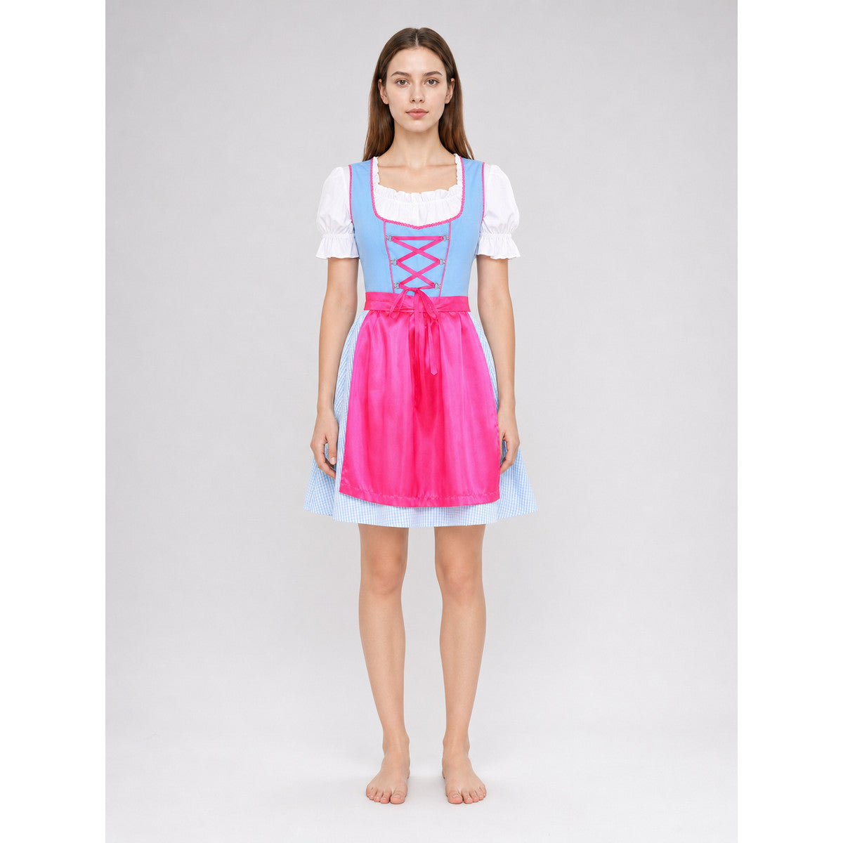 Cosplay dress with apron, bow, and ribbons on-model view
