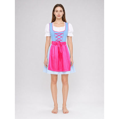 Cosplay dress with apron, bow, and ribbons on-model view