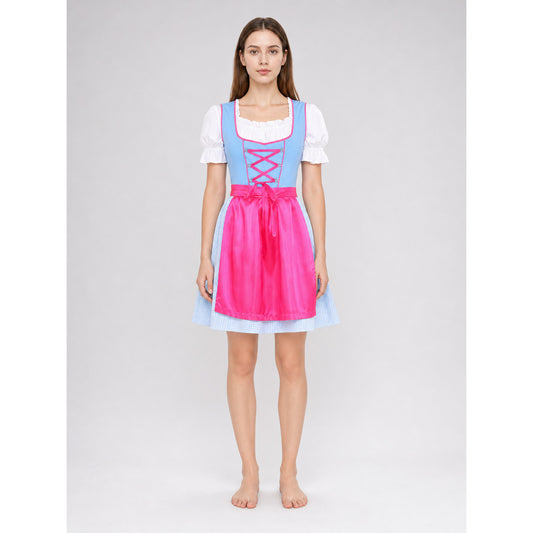 Cosplay dress with apron, bow, and ribbons on-model view