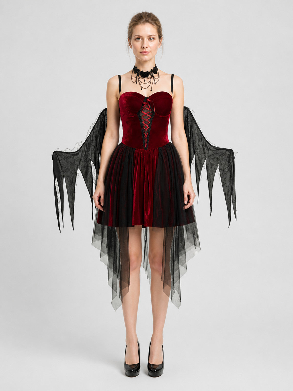 Halloween Gothic Cosplay Costume with Wings on-model view
