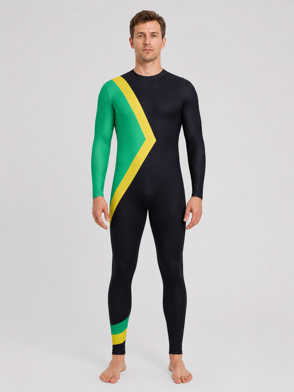 Cosplay Bobsled Team Jumpsuit, Green and Yellow on-model view