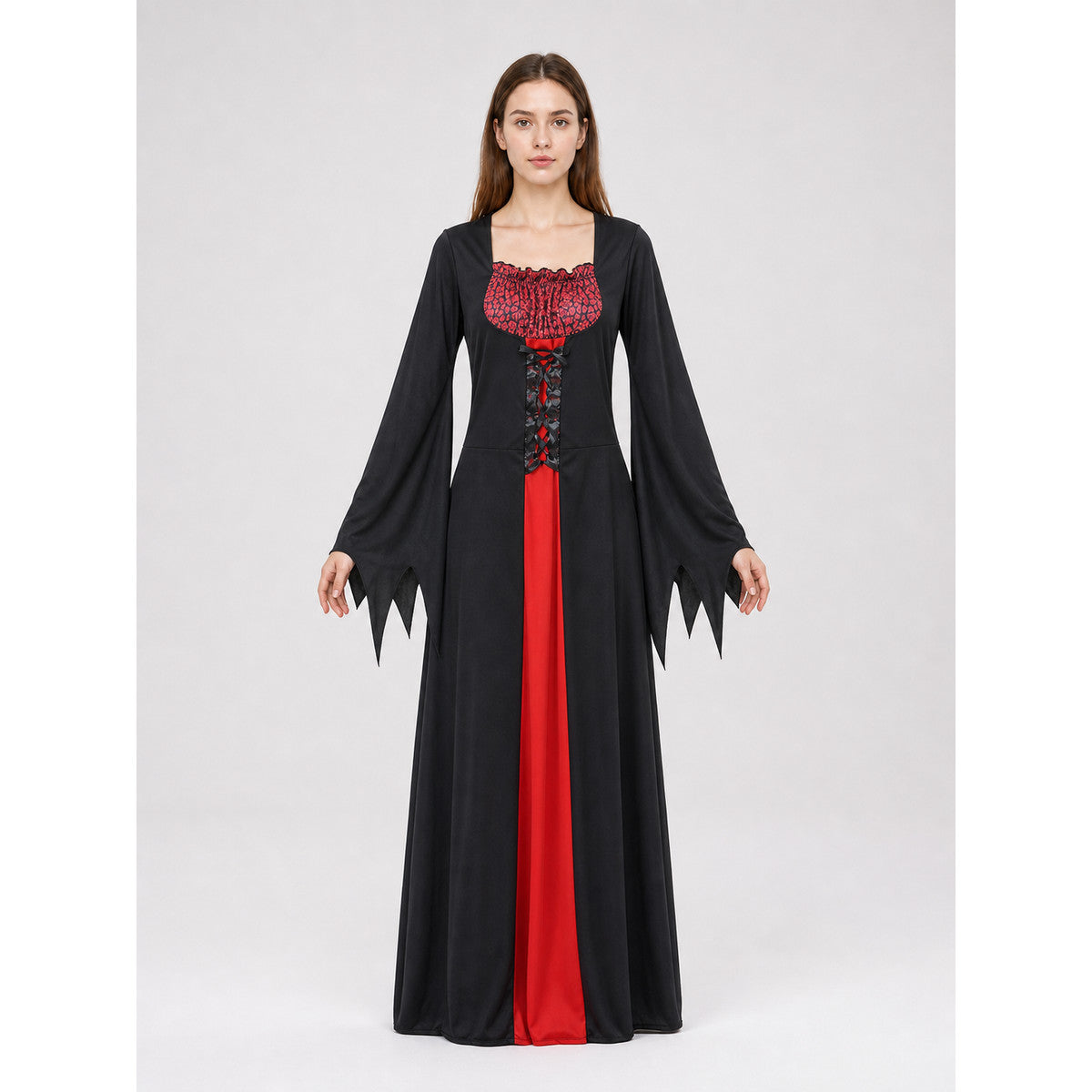 Halloween Witch Costume with Long Dress and Hat front view