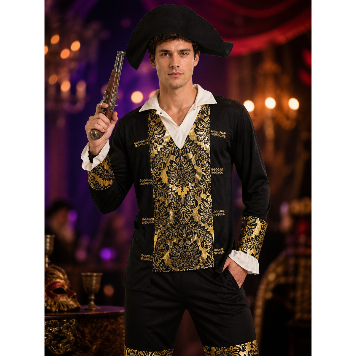 Adult Pirate Costume Set With Baroque Gold Trim, Hat, Shirt And Pants on-model view