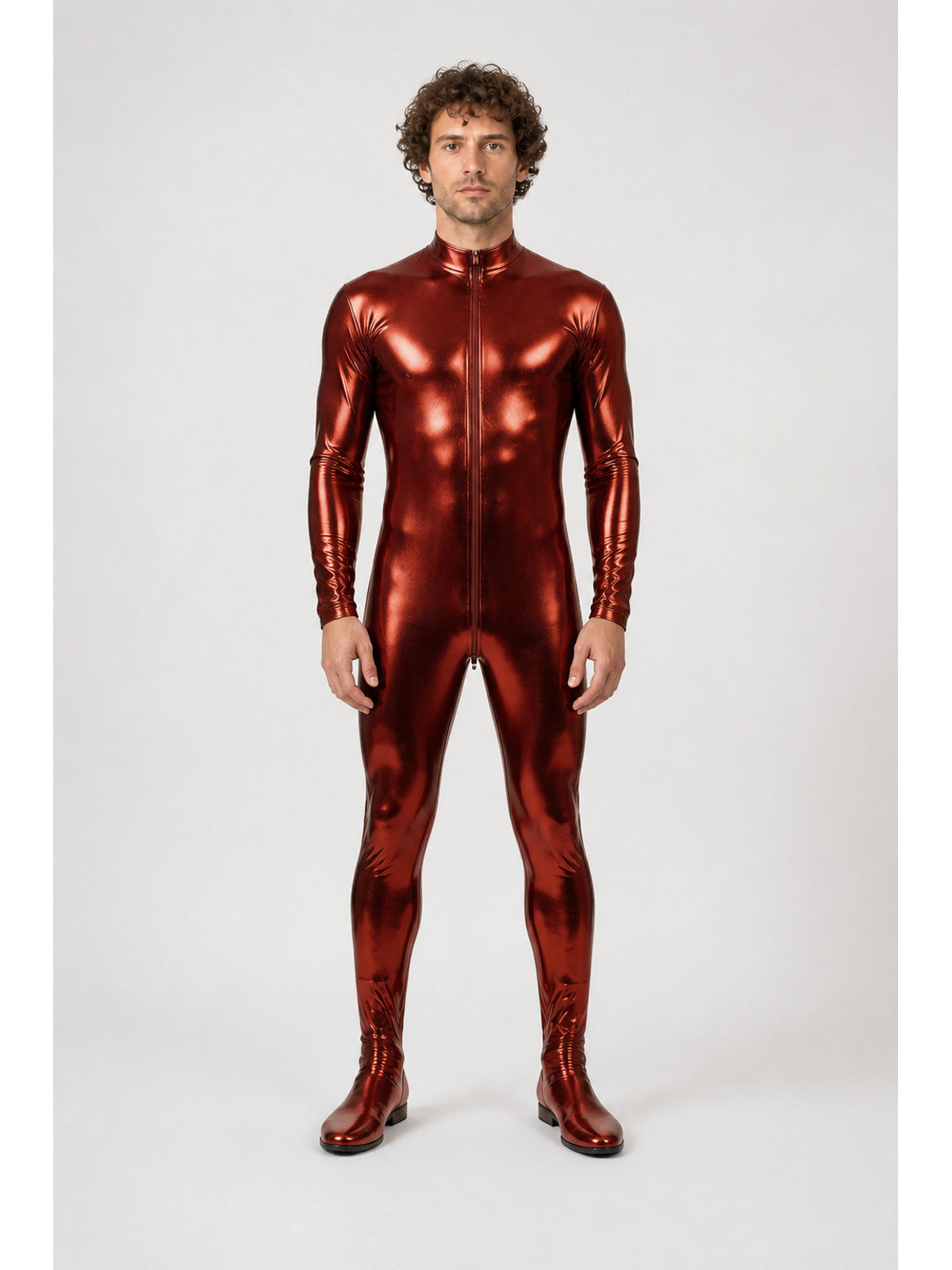 Glossy form-fitting jumpsuit with a zipper and feet main product view