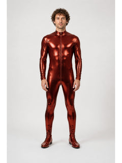 Glossy form-fitting jumpsuit with a zipper and feet