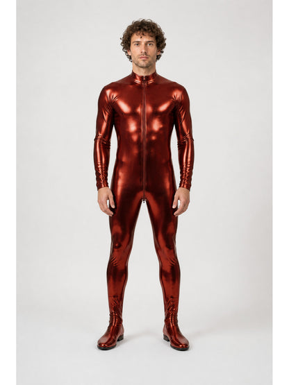 Glossy form-fitting jumpsuit with a zipper and feet main product view