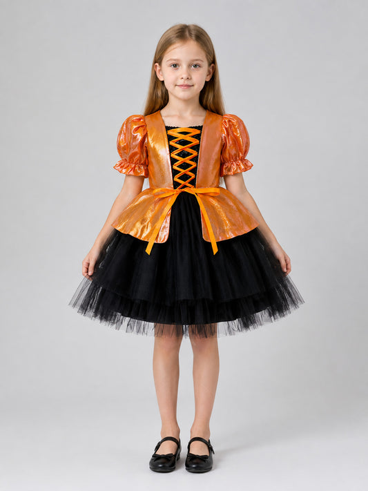 Children's Costume Dress with Puff Sleeves on-model view