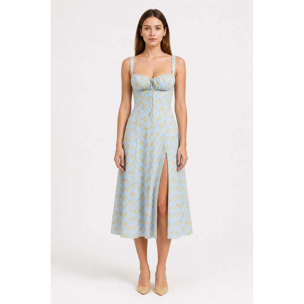 Midi Dress with Thin Straps and Front Slit