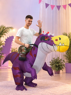 Adult Inflatable Riding Dinosaur Costume – Purple Dino with Yellow Face, Includes Inflation Fan