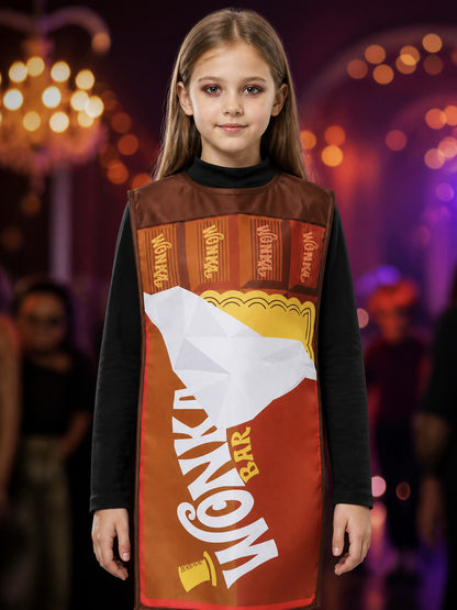 Kids Wonka Chocolate Wrapper Printed Sleeveless Jumpsuit Halloween Costume on-model view