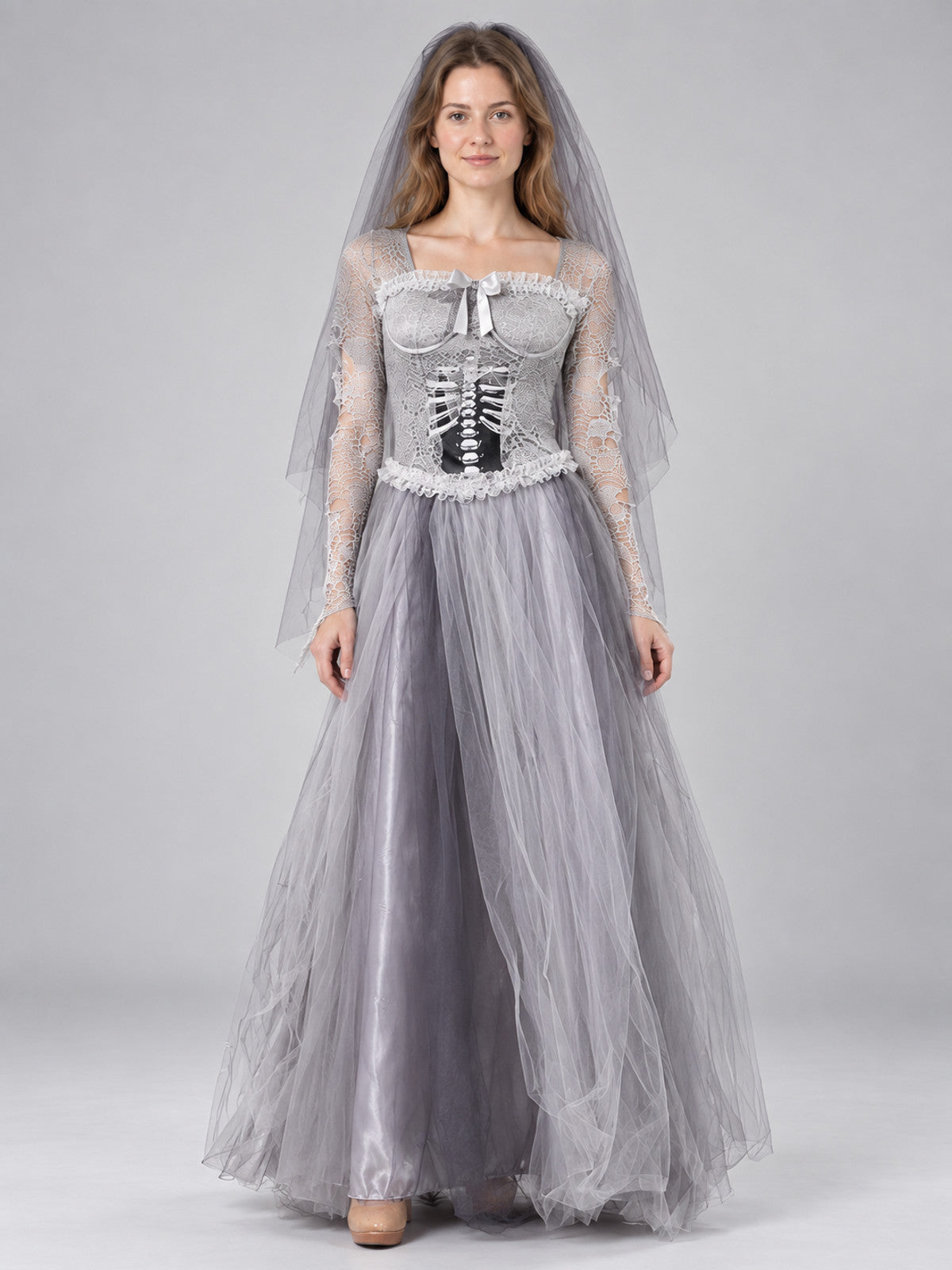 Skeleton Bride Costume with Gray Dress and Veil