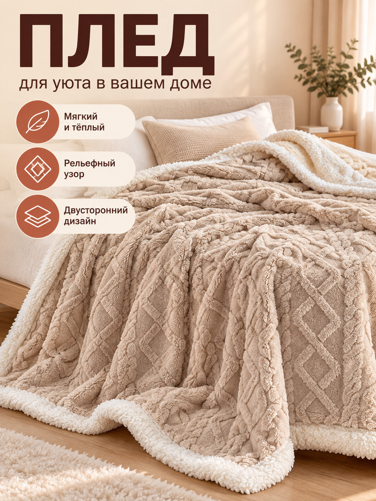 Reversible Beige Coral Fleece Blanket with Diamonds
