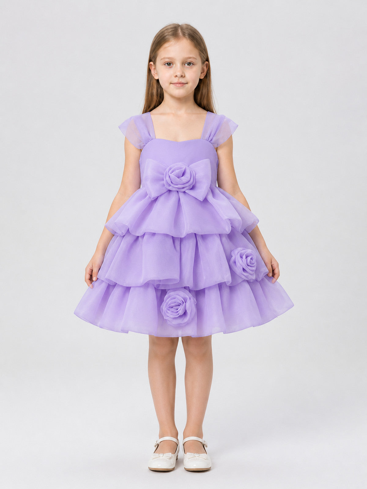 Purple Dress with Full Skirt, Bow, and Roses on-model view