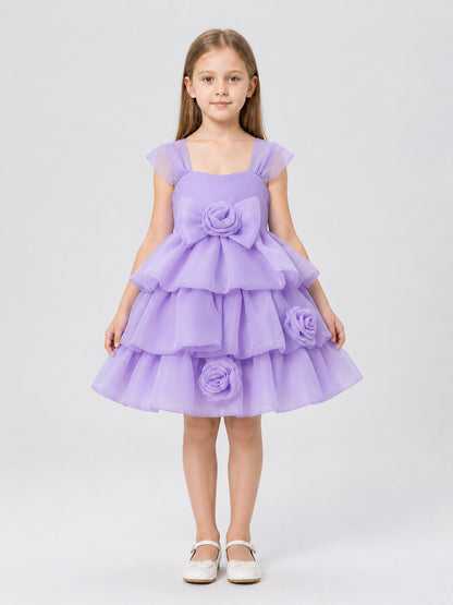 Purple Dress with Full Skirt, Bow, and Roses on-model view