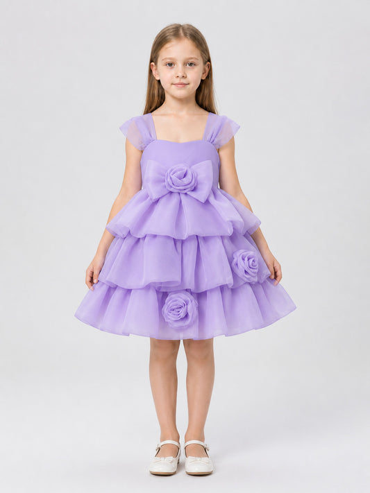 Purple Dress with Full Skirt, Bow, and Roses on-model view
