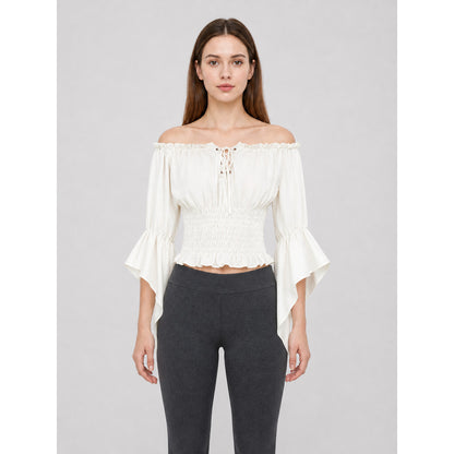 Off-the-Shoulder Lace-Up Crop Blouse