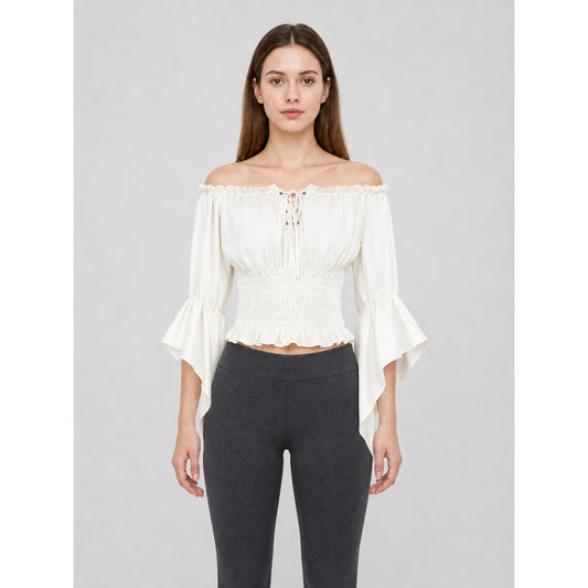 Off-the-Shoulder Lace-Up Crop Blouse