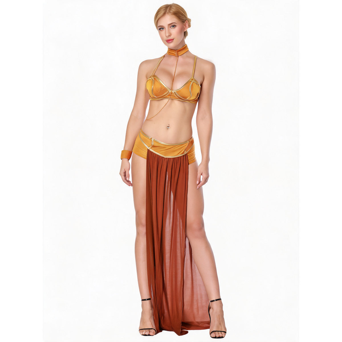 Golden carnival dancer costume with embellishments
