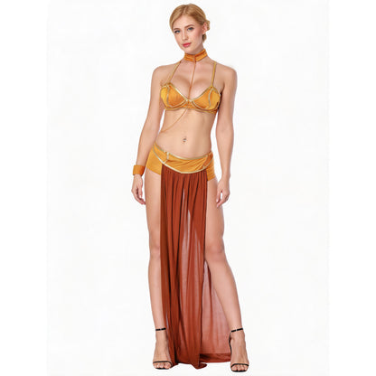 Golden carnival dancer costume with embellishments