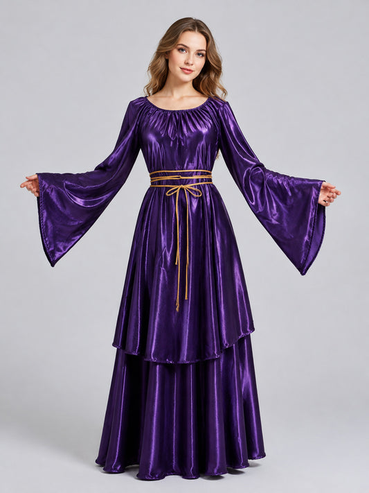 Long Purple Dress with Gold-Tone Cord on-model view