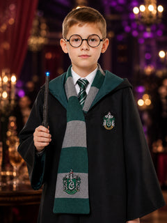 Hooded Wizard Robe Costume Set with Snake Crest, Tie, Scarf, Glasses and Wand