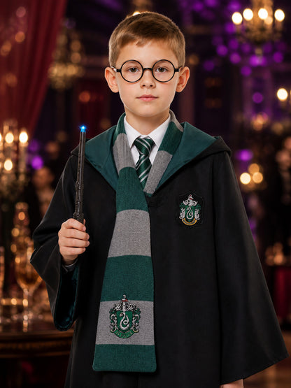 Hooded Wizard Robe Costume Set with Snake Crest, Tie, Scarf, Glasses and Wand on-model view