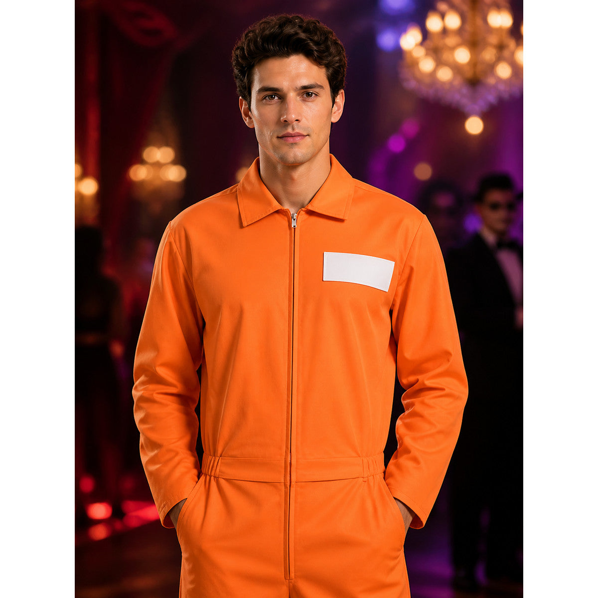 Prison Jumpsuit Costume, Orange Zippered Coveralls with State Prison Print for on-model view