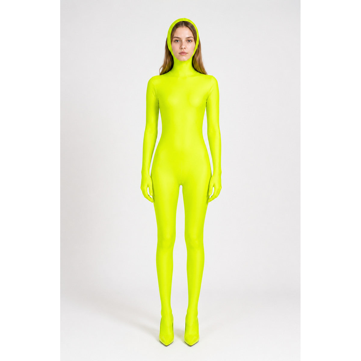 Hooded Zentai bodysuit, yellow-green