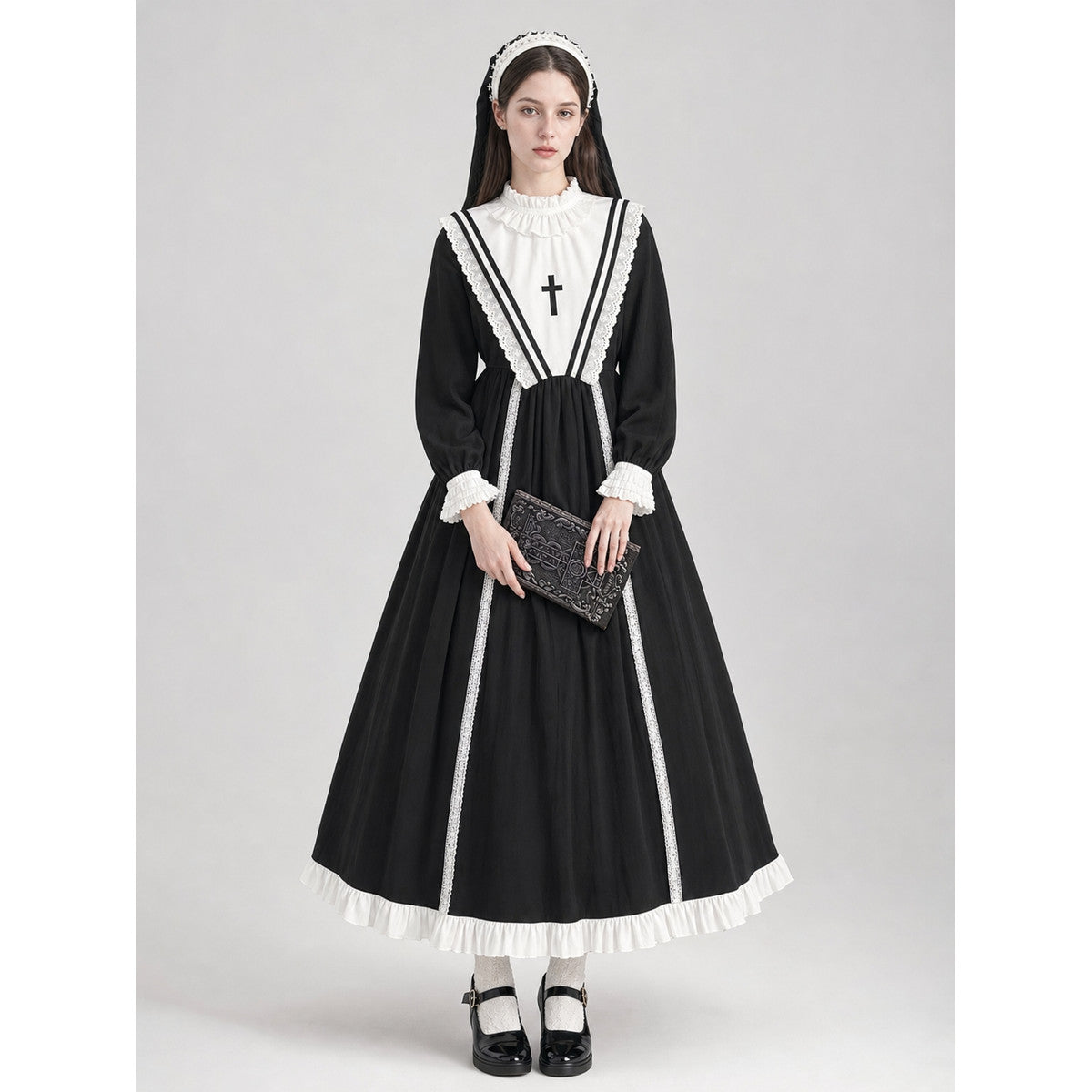 Nun Costume with Veil and Dress on-model view