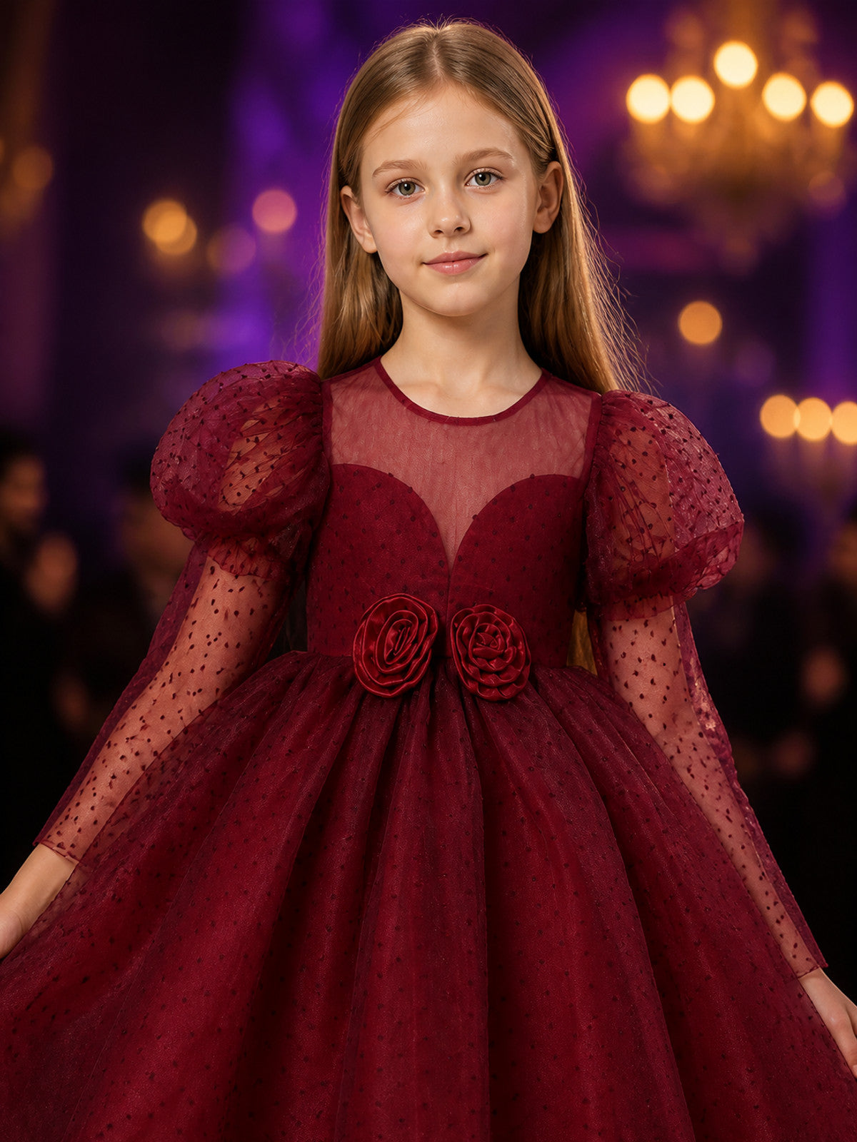 Girls' Maroon Princess Dress with Bubble Sleeves and Rose Waist Detail on-model view