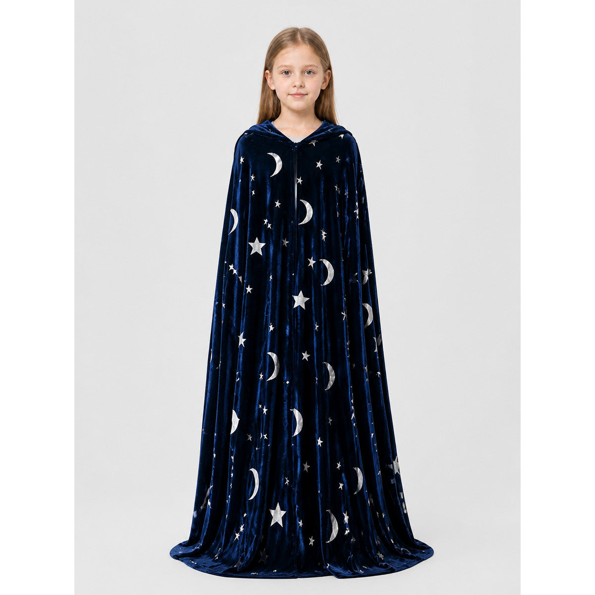 Long Hooded Halloween Cape with Stars and Moons on-model view