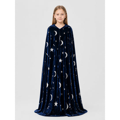 Long Hooded Halloween Cape with Stars and Moons on-model view