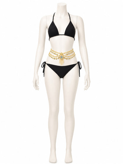 Egyptian Style Gold Waist Chain with Blue Gemstone Pendant and Tassel Chains on-model view